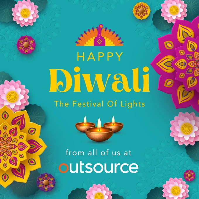 Bright blue background with multi-coloured lotus flowers around the edge. In the middle, the text reads 'Happy Diwali, The Festival Of Lights.' which has an image of Diwali diya lamps beneath and then the text continues 'From all of us at Outsource.'