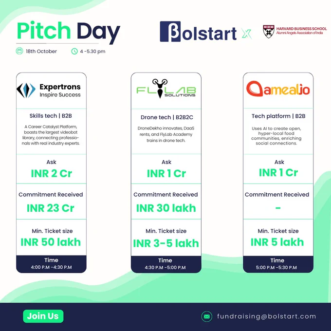 Exciting News- Bolstart's Pitch Day! 🚀


Join us on November 18th at 4 PM for Bolstart's Pitch Day, featuring three incredible startups: Expertrons, FlyLab Solutions Private Limited, and Amealio -are all set to dazzle you with their visionary pitches.



But wait, there's more! We're thrilled to announce an exciting collaboration with the Harvard Angels Alumni of India. 🤝


Calling all investors and startups: Don't miss this chance to be part of something truly exceptional. To join DM us on https://lnkd.in/dWXNxHYr.



Let's ignite the startup and investment ecosystem with Bolstart!⚡


Rushabh Shah | Piyush Porwal | Pragalbh Thakur | Manisha Danu | Neha Rohane | Sofia Ali | Ravi Gururaj | Ramesh Kumar Shah | Jatin Solanki | Shaker Dixit | Atharv Naik



#bolstart #pitchday #startups #investment #investors #hbs #startuppitch #angelinvestors 