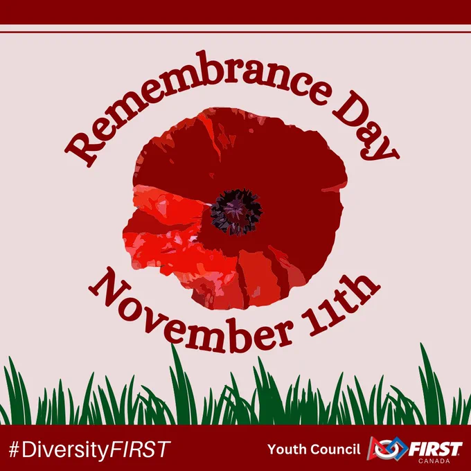 Slide 1: Title: "Remembrance day" "November 11th", there is a graphic of a poppy in the centre with a graphic of grass on the bottom of the page. 