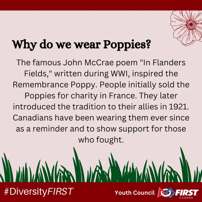 Slide 3: Header reads "Why do we wear poppies?" with the following content: "The Remembrance Poppy was inspired by the popular John McCrae poem “In Flanders Fields” written during WWI. The Poppies were originally sold for charity in France. The tradition was then introduced to their allies later, in 1921. Canadians have been wearing them ever since as a reminder, and in support of those who fought." 
