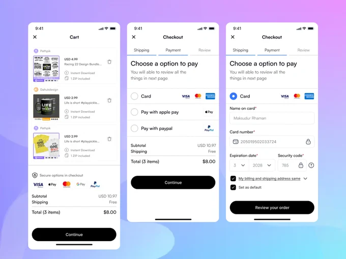 Checkout page mobile UI Design #dailyuichallenge #dailyui #maksudux

I designed the checkout page as part of my daily UI design. Inspiration from Etsy checkout page.  

https://dribbble.com/shots/23032129-Checkout-page-mobile-UI-Design



I'm a quick learner and eager to join a fantastic team where I can enhance my skills. I'm open to both Short-term and long-term UI/UX Design Roles.



📧 maksud.design7@gmail.com



https://bento.me/maksudux



Icon😍 Hugeicons Pro Thanks





#CheckoutUIDesign #orderpage #uldesign #cartcheckout #digitalproductorderpage #Checkoutui #uiux #etsyproductcheckoutpage #uidesign #userexperience #interfacedesign #etsyapp #checkoutpage #checkoutui #checkoutux #checkoutcx #ui #ux #Cx  #Trendyappuix #trendyui