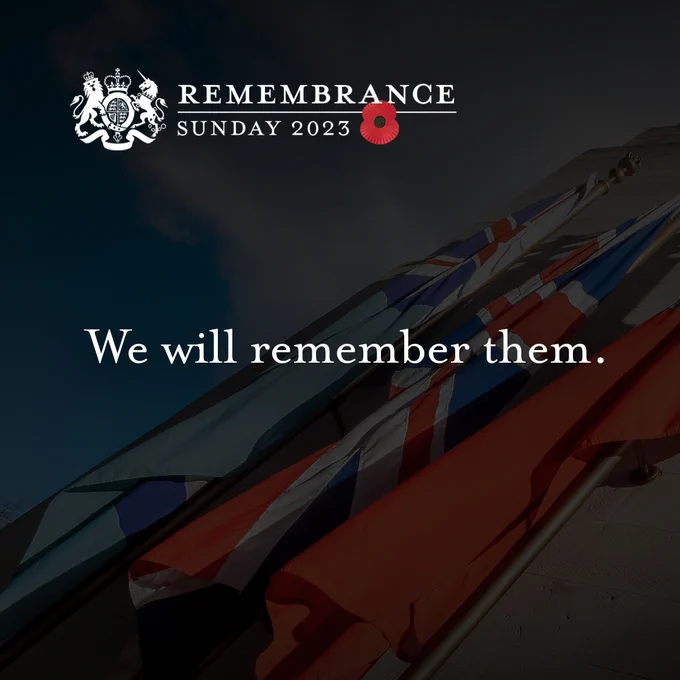 A dark coloured graphic with the wording; Remembrance Sunday 2023 with a red poppy placed at the end.

Lower down is the sentence, We will remember them.