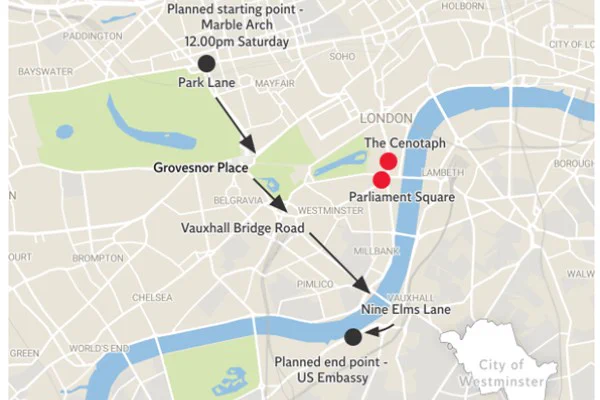 Route map for National March for Palestine on Saturday 11 November