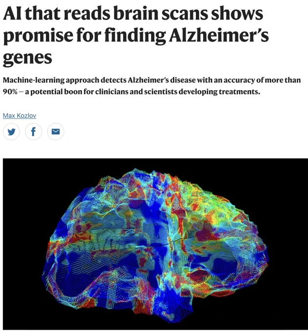 A graphic of the brain is shown, with green and red colors highlight areas of abnormality using the random field theory, and the excursion sets of the Hotelling's T-squared distributed random field. Extensions of these methods using AI read in the entire scan to convolutional neural nets, variational autoencoders, or transformers to make inference about a person's diagnosis, prognosis, optimal treatment, and disease stage of progression