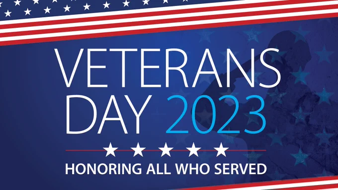 Blue background with stars and stripes banner at top-on an angle-and stripes on bottom. Veterans Day 2023-5 white stars-and Honoring All Who Served in in the middle.