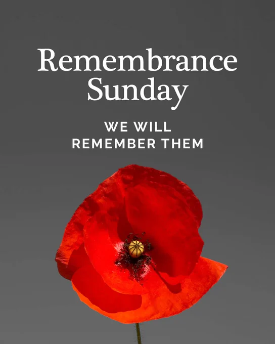 Grey background with a poppy and text: Remembrance Sunday We will remember tham