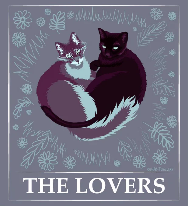 a digital drawing of two cats curled up together in a heart shape in the grass. one is all black and the other is grey in many different shades. text underneath them reads "THE LOVERS"