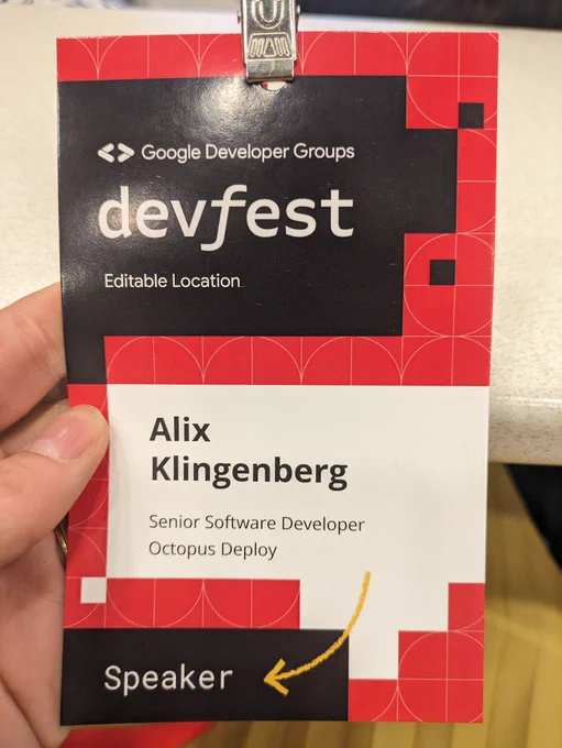Speaker badge for DevFest. Text: Alix Klingenberg, Senior Software Developer, Octopus Deploy, Speaker 