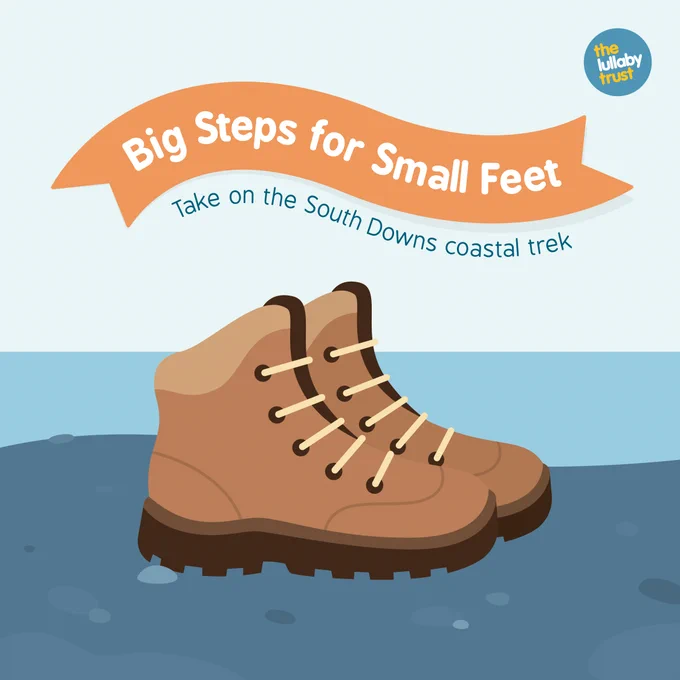There is a pair of hiking boots with the sea in the background. Text says 'Big steps for small feet - take on the South Downs coastal trek'