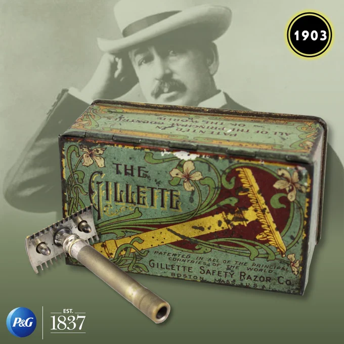 A photo of the first Gillette razor and packaging in 1903 with the brand's founder King C. Gillette in the background