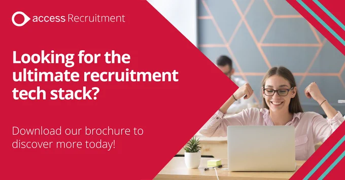 Text reads "Looking for the ultimate recruitment tech stack?" and "Download our brochure to discover more today!" next to an image of a cheering woman, wearing glasses, looking at her laptop.
