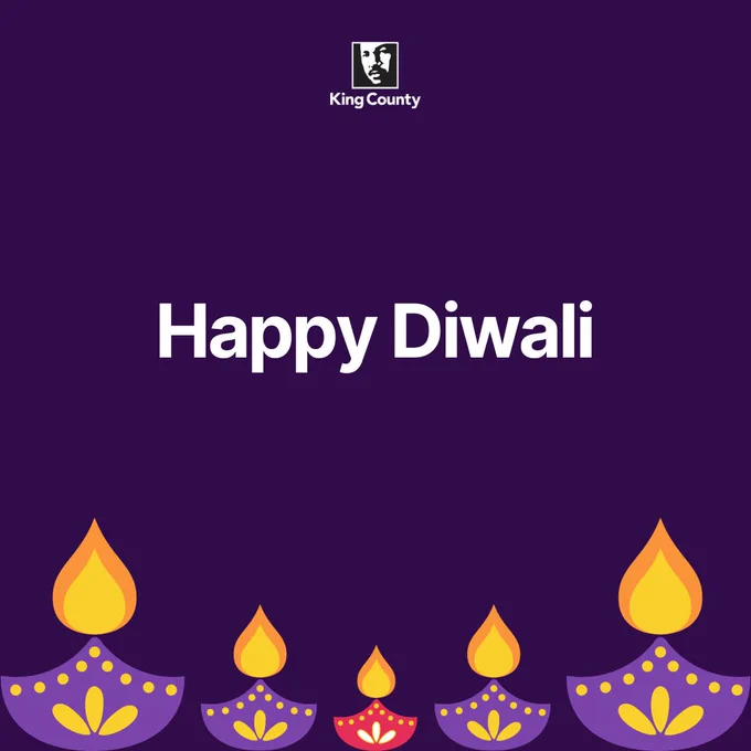 A purple graphic with colorful lamp illustrations. Text reads “Happy Diwali.”