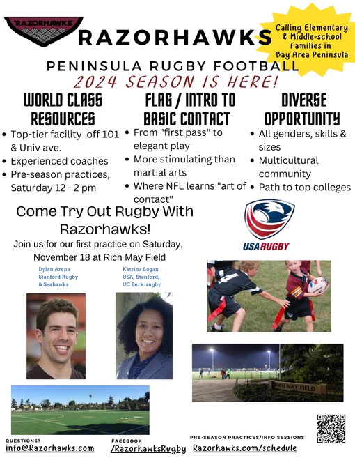 Join us on Saturday 18th November, 12pm - 2pm, at Rich May Memorial Field to kickoff preseason practices for 2023–24 season!

Find practice days/times for November & December here:
https://www.razorhawks.com/schedule
