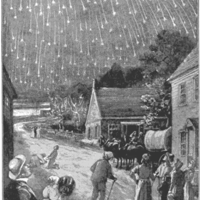 A black and white illustration of people standing on a road and looking up at a sky full of falling stars. “The Falling Stars, Nov. 13, 1833.” Bible Readings for the Home Circle, p. 323. Review and Herald Publishing Association. 1914.