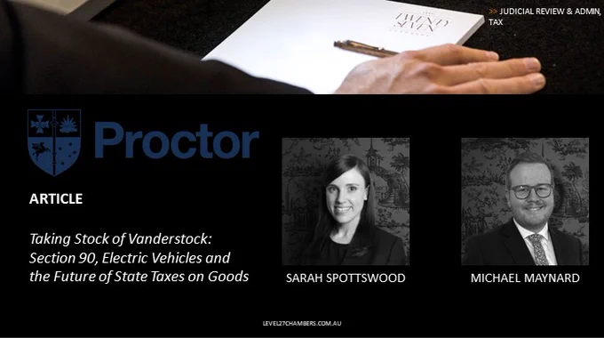 Black & white photos of Sarah Spottiswood and Michael Maynard (authors) next to the QLD Law Society Proctor logo and under photo of a hand holding a pen on Level Twenty Seven Chambers notepad.