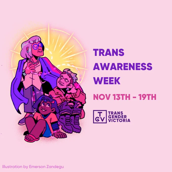 A light-pink coloured background against an illustration done by @zandegoop. The illustration is of three people in various shades of pink and purple. They are in a small embrace where one of them is standing and the other two are sitting on the ground. Behind them is what looks like a bright light. On the left side is text that reads: 'Trans Day of Awareness. Nov 13th - 19th'. Under the text is the 'Transgender Victoria' logo in purple.