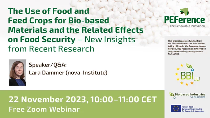 PEFerence webinar banner with a portrait of the speaker, Lara Dammer, the project, BBI JU, BIC and Horizon 2020 logos on the right-hand side, prominent colors are white, light and dark green, white plastic pellets in the background