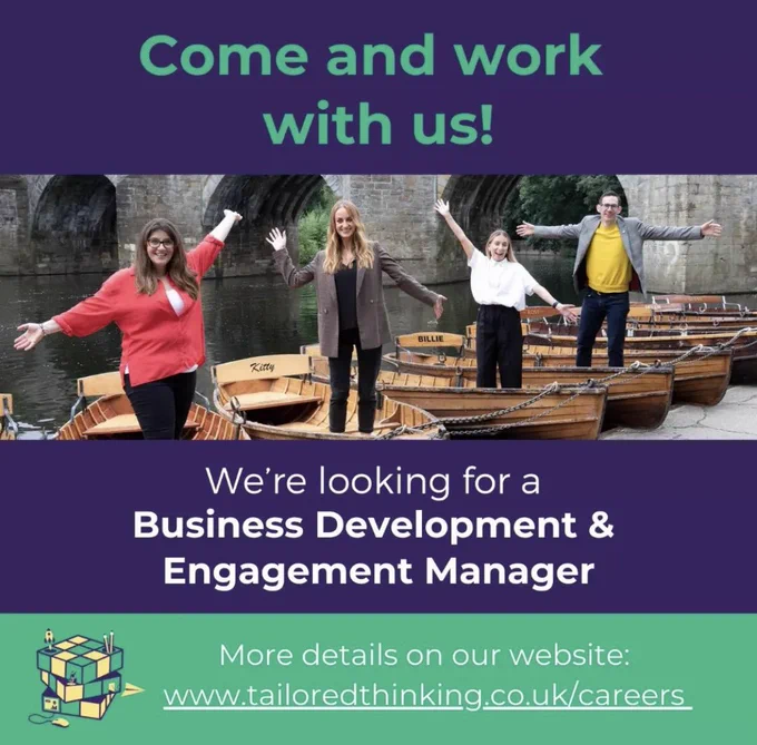 An image of the Tailored Thinking team on boats. There is a link to our website. The banner text says We’re looking for a Business Development and Engagement Manager