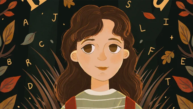 An illustration from the front cover of How to Be More Hedgehog - a girl surrounded by autumnal leaves and letters floating around her