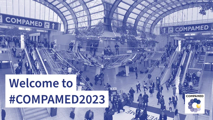 Image: Two images of the entrance hall with a COMPAMED sign and people using the escalator. The images appear to be mirrored in the middle; Copyright: beta-web