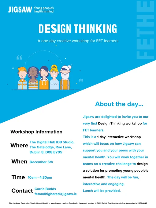 A Jigsaw-branded poster advertising a Design Thinking workshop in Dublin on December 5th