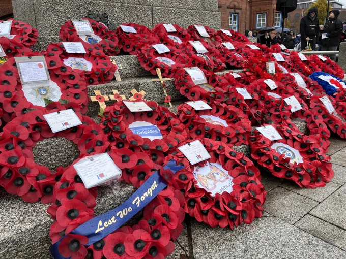 Poppy wreaths at the war memorial in Oldbury
