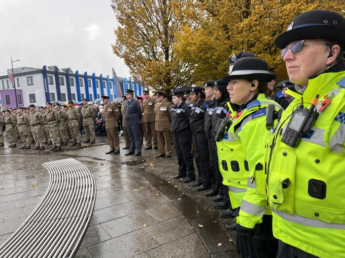 Police and cadets at the war memorial in Oldbury