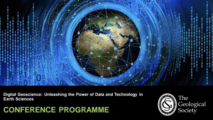 An image of the Earth from space, connected with lines and dots imitating digital connections. The GeolSoc logo is in the bottom right. The text reads "Digital Geoscience: Unleashing the power of data and technology in Earth sciences"