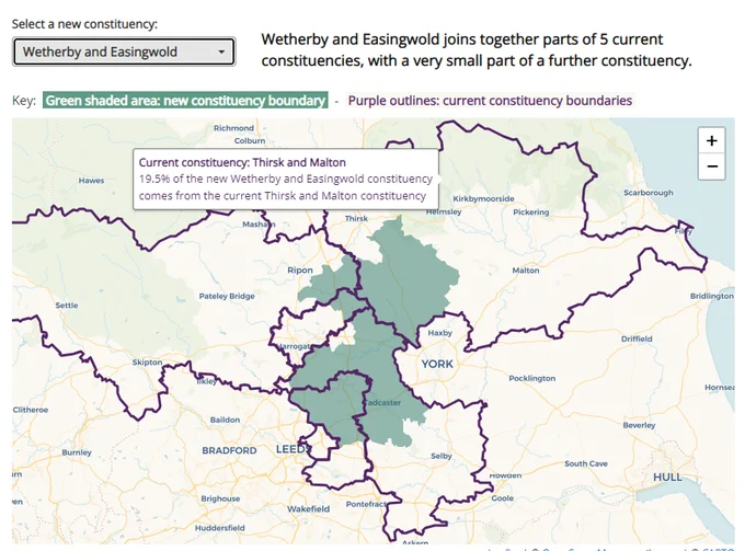 Screenshot of the boundary review tool, showing the new Wetherby and Easingwold seat (which is joined together from parts of six current constituencies)