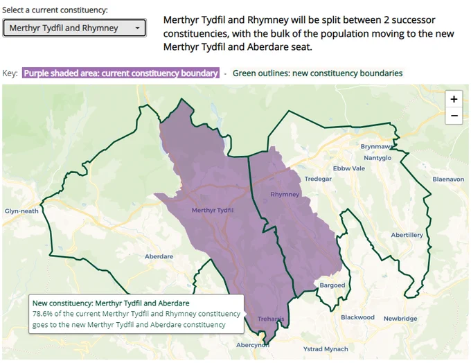Screenshot of the boundary review tool showing Merthyr Tydfil and Rhymney constituency, which is split between two successor constituencies.