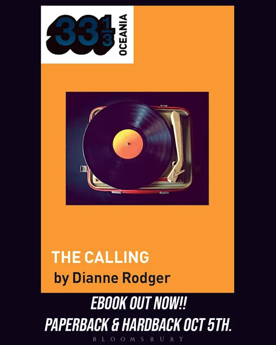 Picture of a book cover with a bright orange background and a photograph of a vintage turntable in the centre. The book title is 'The Calling by Dianne Rodger'. White text at the bottom says 'Ebook out now! Paperback and hardback October 5th'. 