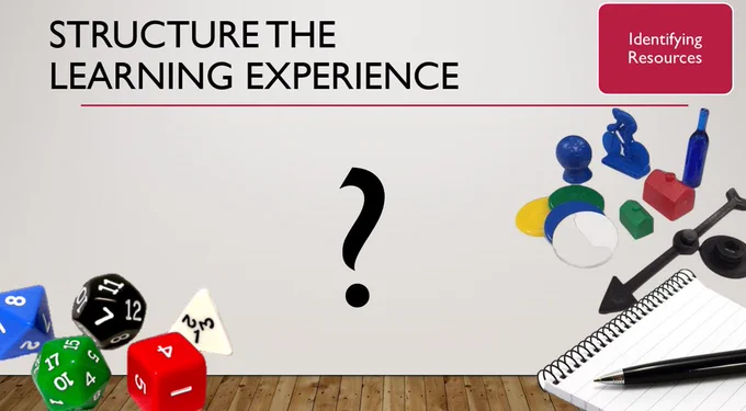 A PowerPoint slide with 'structuring the learning experience' as the title and dice and other game paraphernalia on the slide itself.
