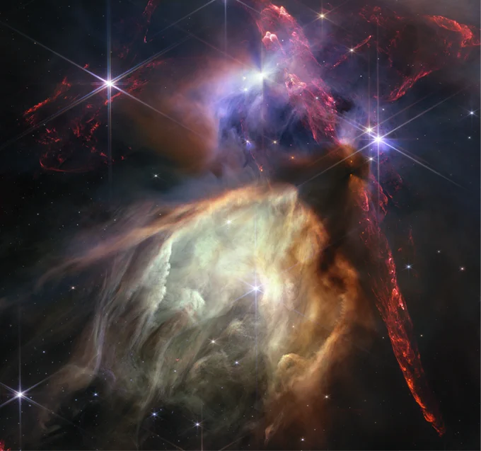 Red dual opposing jets coming from young stars fill the darker top half of the image, while a glowing pale-yellow, cave-like structure is bottom center, tilted toward 2 o’clock, with a bright star at its center. The dust of the cave structure becomes wispy toward 8 o’clock. Above the arched top of the cave 3 groupings of stars with diffraction spikes are arranged. A dark cloud sits at the top of the arch of the glowing dust cave, with one streamer curling down the right-hand side. The dark shadow of the cloud appears pinched in the center, with light emerging in a triangle shape above and below the pinch, revealing the presence of a star inside the dark cloud. The image’s largest jets of red material emanate from within this dark cloud, thick and displaying structure like the rough face of a cliff, glowing brighter at the edges. At the top center of the image, a star displays another, larger pinched dark shadow, vertically. To the left of this star is a more wispy, indistinct region.