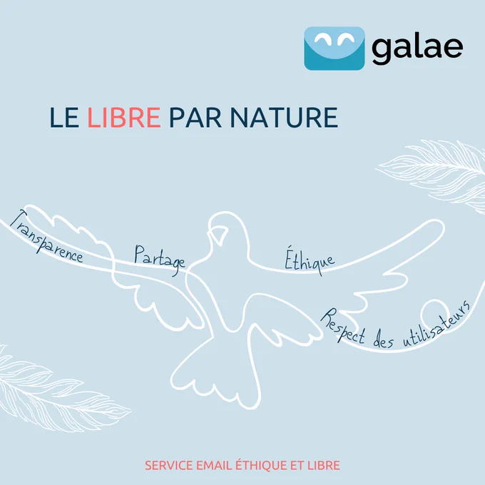 Le libre par nature. Transparence, partage, éthique, respect des utilisateurs. Logo : Galae. Images : illustrations d'une colombe et de deux plumes.