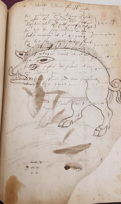 Pen and ink drawing of a boar, and draft accounts in Harley MS 1045, folio 104v.