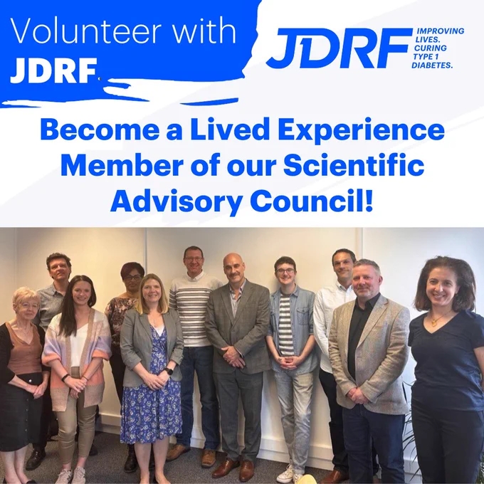 Group photo of our Scientific Advisory Council. The JDRF logo. Text reading: Become a Lived Experience Member of our Scientific Advisory Council!