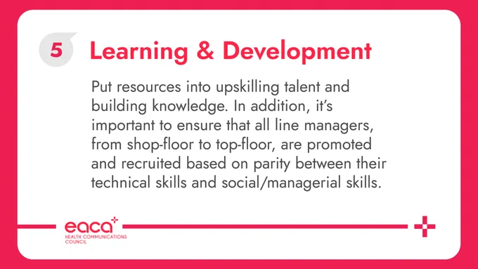 This image shows a white card with rounded corners over a pastel red background. On the card you can see "Learning & Innovation" in red, next to an EACA Bubble (one of our brand's visual elements) with a 5 in it. Below you can read "Put resources into upskilling talent and building knowledge. In addition, it’s important to ensure that all line managers, from shop-floor to top-floor, are promoted and recruited based on parity between their technical skills and social/managerial skills.". Underneath is the logo of EACA's Health Communications Council, accompanied by a decorative red line that goes from the left margin of the card to the right side, ending in a red cross.