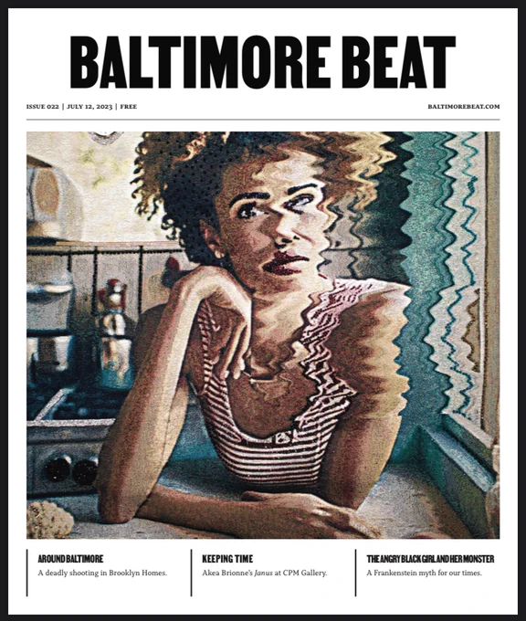 Artwork by Akea Brionne, titled “Timekeeper.” It shows the distorted image of a Black woman seated at a kitchen table.
