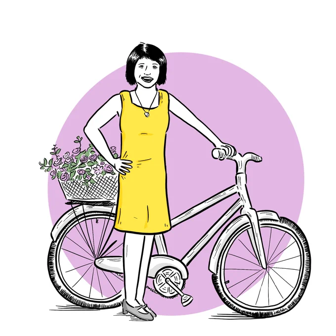 A cartoon of Olivia Chow standing in front of a bike with flowers decorating the back basket.