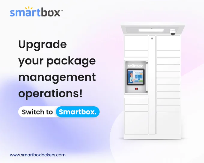 Smart locker on pink background and text 'upgrade your package management operations! Switch to Smartbox'