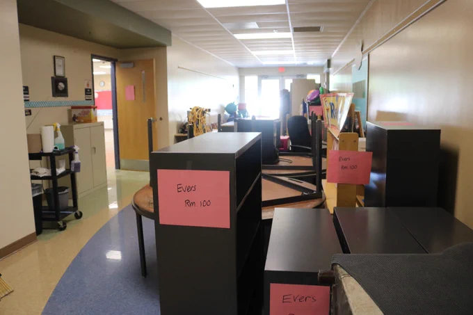 Classroom furniture in a hallway at OES