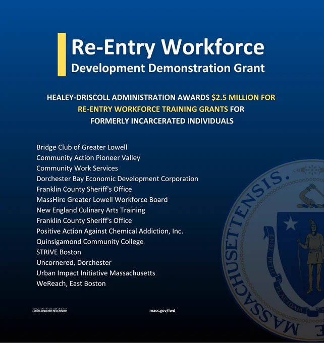 Re-Entry Workforce Development Demonstration Grant. List of 14 awardees as followed: Bridge Club of Greater Lowell
Community Action Pioneer Valley
Community Work Services
Dorchester Bay Economic Development Corporation
Franklin County Sheriff's Office
MassHire Greater Lowell Workforce Board
New England Culinary Arts Training
Franklin County Sheriff's Office
Positive Action Against Chemical Addiction, Inc.
Quinsigamond Community College
STRIVE Boston
Uncornered, Dorchester
Urban Impact Initiative Massachusetts
WeReach, East Boston