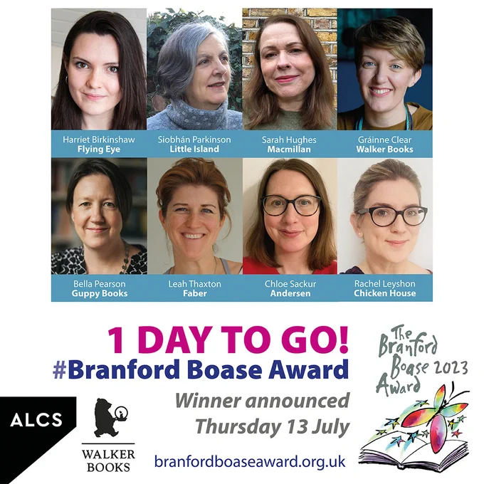 Graphic showing the eight children's book editors shortlisted for the 2023 Branford Boase Award Harriet Birkinshaw, Siobhan Parkinson, Sarah Hughes, Grainne Clear, Bella Pearson, Leah Thaxton, Chloe Sackur and Rachel Leyson.