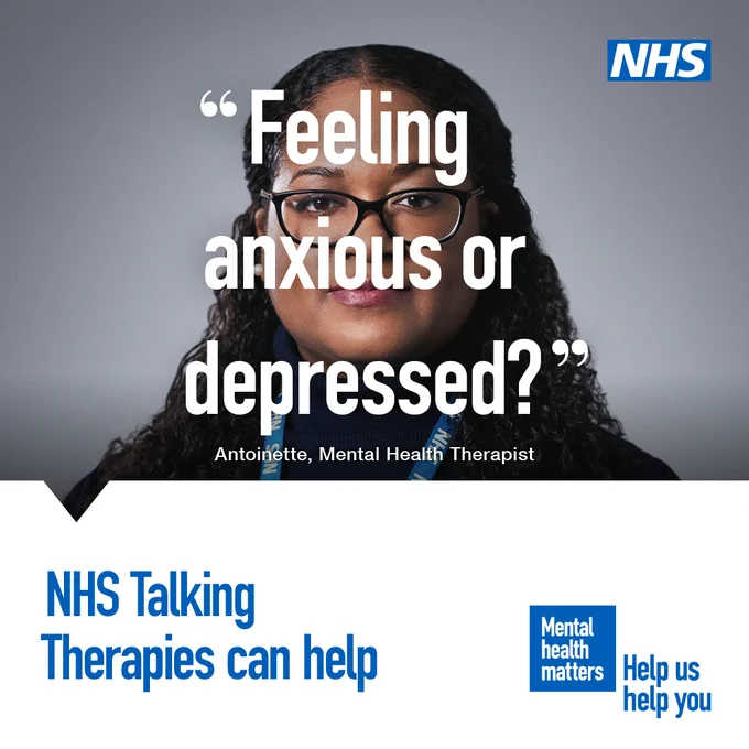 Image of a young Black woman with text overlay. Text reads: ‘I just kept it all inside’. NHS Talking Therapies can help. Mental health matters. Help us help you.