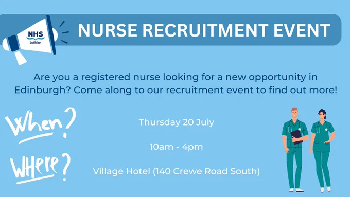 Nurse recruitment event

Are you a registered nurse looking for a new opportunity in Edinburgh? Come along to our recruitment event to find out more!

Thursday 20 July
10am - 4pm
Village Hotel (140 Crewe Road South)