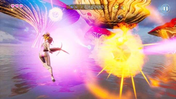 A still image of a character from Air Twister ready for battle while hovering above water surrounded by large mushrooms.