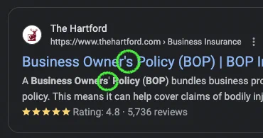 Google listing for a BOP policy, from The Hartford. The title spells it with apostrophe-s; the first line spells it with s-apostrophe.