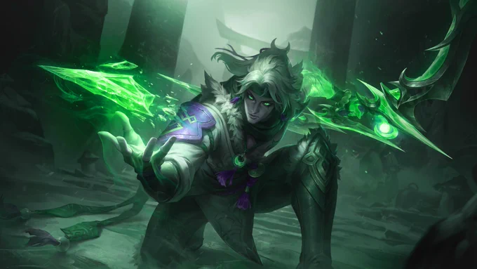 emerald color version of the official splash art for snow moon varus from league of legends. varus is holding his bow, kneeling down.