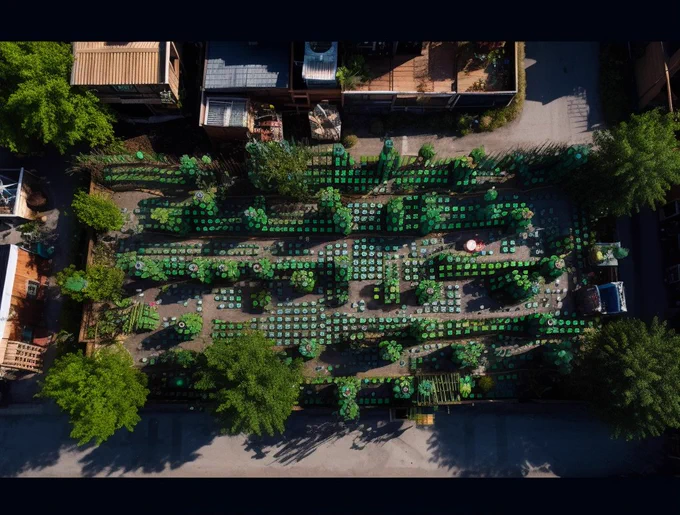 A bird view of a garden made from GitHub contribution green squares, using Midjourney.