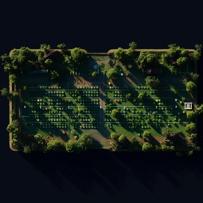 A bird view of a garden made from GitHub contribution green squares, using Midjourney.